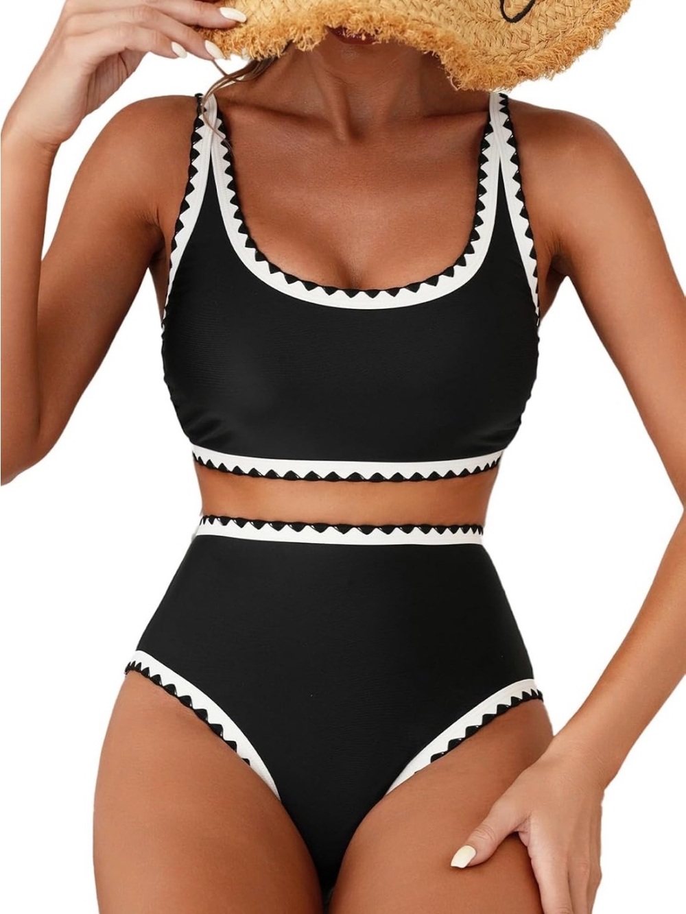 Black Two-Piece Bikini with White Zigzag Trim